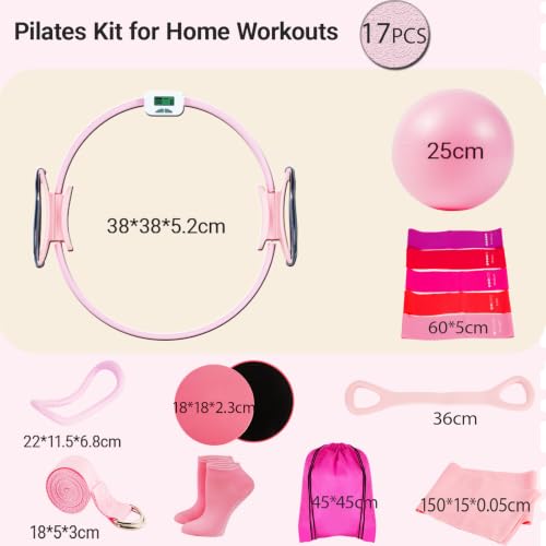 Pilates Kit for Home Workouts,Pilates Equipment for Women with 15" Ring | Pilates Ring with Smart Counter & Timer,Pilates Resistance Bands, Ball 9.8" Socks,Core Sliders Pilates Starter Kit for Women
