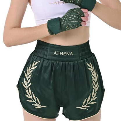 Women's Green & Gold Muay Thai MMA Shorts Athena with Built-in Safety Compression Tights. Muay Thai Kickboxing Training - size: Large