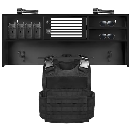 Police Gear Rack, Wall-Mounted Tactical Gear Rack with Password Lock Safe, Metal Frame Police Gear Stand Police Gift Decor with Flag, Ideal for Law Enforcement Equipment Storage