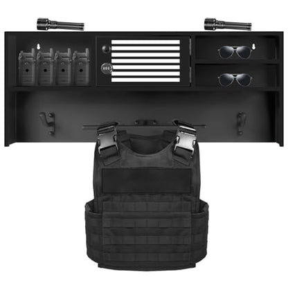 Police Gear Rack, Wall-Mounted Tactical Gear Rack with Password Lock Safe, Metal Frame Police Gear Stand Police Gift Decor with Flag, Ideal for Law Enforcement Equipment Storage