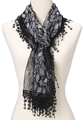 Cindy & Wendy Lightweight Soft Leaf Lace Fringe Scarf Bridal Shawl for Women - color: Black Grey