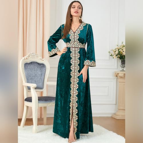 IDOPIP Muslim Women Velvet Dress Embroidery Abayas Long Sleeve V-Neck Moroccan Maxi Kaftan Dubai Robe Arabic Islamic Clothing - color: Dark Green, size: XX-Large