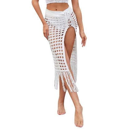 Women Sexy Hollow Out Mesh Tassle Skirts Beach Cover Up Summer Fish Net Swimsuit Wrap Sheer Maxi Sarong Swimwear - size: X-Large