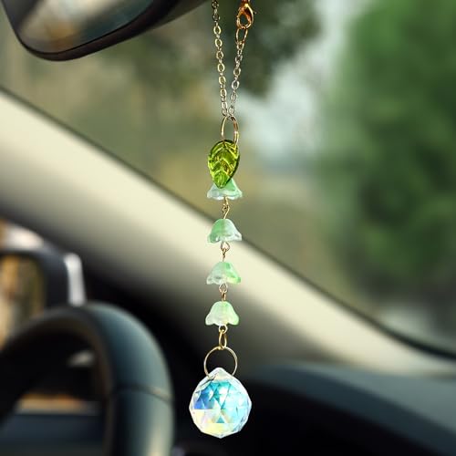 Car Rear View Mirror Accessories,Green Lily of The Valley Boho Hanging Ornament Rearview Decor Charm Handmade Beaded Crystal Flower Swinging Interior Decor for Women Men - color: Green Lily