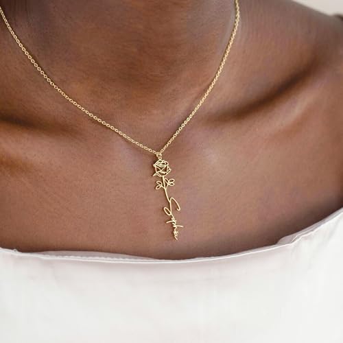 Elemtansy Custom Name Necklace with Birth Flower, Personalized Jewelry Necklaces for Women, 18K Gold Name Plate Necklaces Personalized Mothers Day Birthday Gifts for Women Sister Best Friend - color: 1-Name with Birth flower