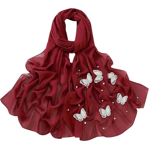 Muslim Prayer Hijab for Women Lightweight Pearl Chiffon Scarfs 3-D Butterfly Embroidery with Glitters Beads Islamic Hijab - color: Wine Red