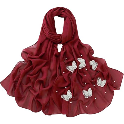 Muslim Prayer Hijab for Women Lightweight Pearl Chiffon Scarfs 3-D Butterfly Embroidery with Glitters Beads Islamic Hijab - color: Wine Red