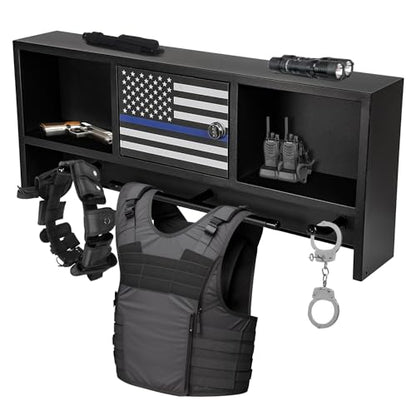 Neoaider Police Gear Rack, Police Hanger with Hooks | Tactical Duty Gear Rack Decor with Thin Blue Line Flag, Black Body Armor Stand for Police Gift - size: Wall Mounted w/Combination Lock