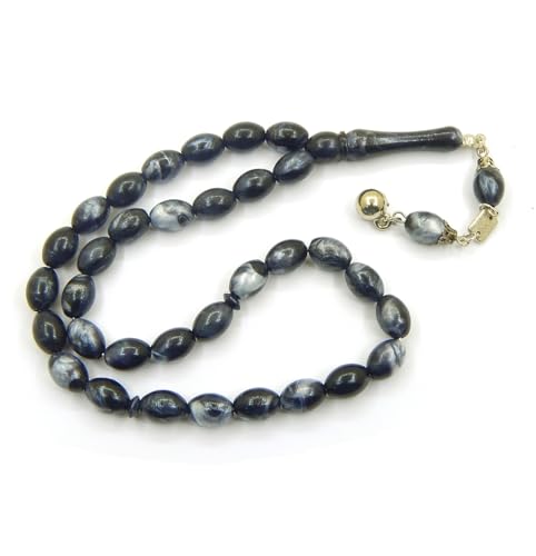 Perlin Muslim Prayer Beads 33 Bead Tasbih Islamic Misbaha Subha Dhikr Rosary with 12 x 8 mm Oval Beads Ottoman Style Prayer Necklace with Metal Tassel Handmade Islamic Gift 25 cm (Black White) - color: black white