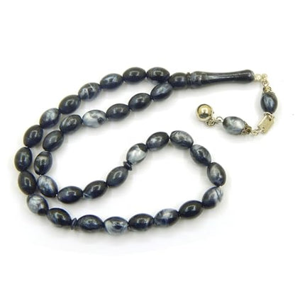 Perlin Muslim Prayer Beads 33 Bead Tasbih Islamic Misbaha Subha Dhikr Rosary with 12 x 8 mm Oval Beads Ottoman Style Prayer Necklace with Metal Tassel Handmade Islamic Gift 25 cm (Black White) - color: black white
