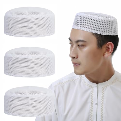 Mens Embroidered Kufi Muslim Prayer Hat Soft Islam Religious Arabic Cap - color: Mesh/3pcs/White, size: Medium