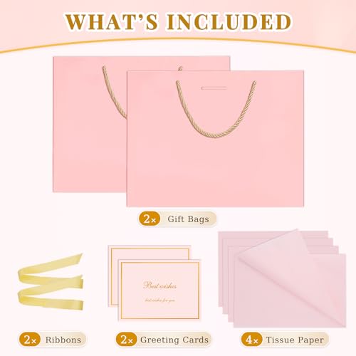 ANZNKU 2PCS Pink Gift Bags for Women, Cute Medium Gift Bags with Handles 4 Tissue Paper 2 Ribbons 2 Cards for Her Wedding Graduation Birthday Engagement Bridal & Baby Shower Party Favors Gifts Wrap - color: Elegant Pink