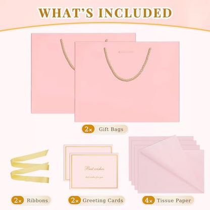 ANZNKU 2PCS Pink Gift Bags for Women, Cute Medium Gift Bags with Handles 4 Tissue Paper 2 Ribbons 2 Cards for Her Wedding Graduation Birthday Engagement Bridal & Baby Shower Party Favors Gifts Wrap - color: Elegant Pink