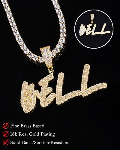Lulu Mel Iced Out Personalized Cursive Name Necklace For Trendy Women, Custom Handmade Nameplate Pendant With Cuban Link Chain, White Gold Plated Hip Hop CZ Diamond Jewelry Gifts - color: Gold