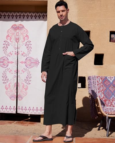 YAOHUOLE Kaftan for Men Long Sleeve Muslim Men Thobe Kaftan Thobe with Pockets - color: Black, size: XX-Large