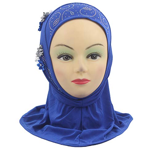 Instant Hijab for Kids Girls Hijabs Muslim Islamic Head Scarf with Rhinestone and Flowers - color: Blue