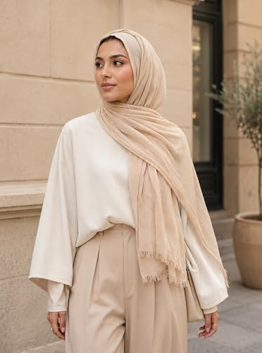Cotton Linen Plain Hijab Scarf For Women,Muslim Viscose Crinkle Edge With Fringe,Summer Beach Wrap Headwraps Shawl - color: 21#beige