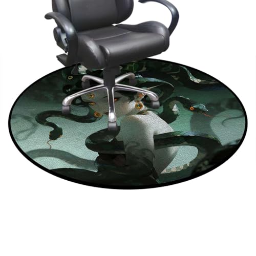 Mythical Creature Washable Round Office Chair Mat for Hardwood & Tile Floors, Serpent Hair Art Non-Slip Floor Protector,Protect The Floor from Scratches, Emerald Azure Diameter 35.4 in - color: Mythical Creature_0627, size: Diameter 35.4 in