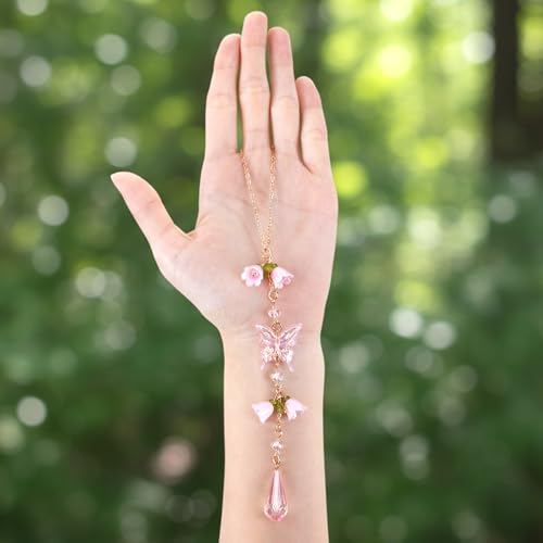 Butterfly Crystal Car Charm Lily Flower Beaded Mirror Hanging | Pink Lily Of The Valley Flower Beaded Pendant. Elegant Hanging Car Interior Decor Ornament. Crystal Butterfly Mirror Charm. - style: Butterfly