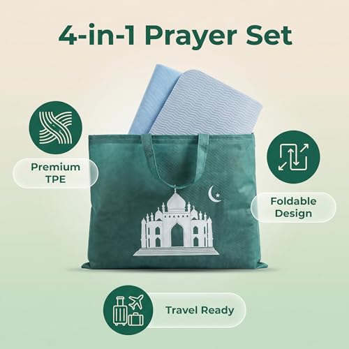 Foldable Muslim Prayer Mat Set with Travel Bag, TPE Islamic Prayer Rug, Tasbih Prayer Beads & Prayer Hat, Portable Prayer Carpet for Men Women, Travel, Ramadan, Eid Gifts