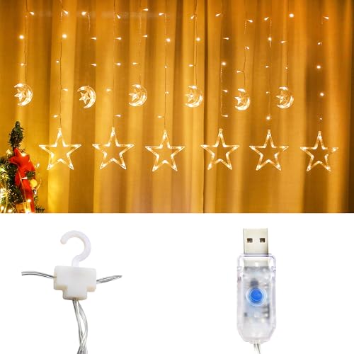 LED Moon Star Curtain String Lights, 138 LED USB Powered Fairy Hanging Lights with 8 Lighting Modes 6-Hour Timer Waterproof for Bedroom Wall Window Christmas Decoration (Star) - style: Star