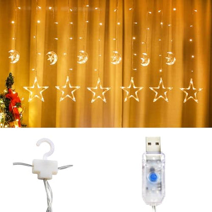 LED Moon Star Curtain String Lights, 138 LED USB Powered Fairy Hanging Lights with 8 Lighting Modes 6-Hour Timer Waterproof for Bedroom Wall Window Christmas Decoration (Star) - style: Star