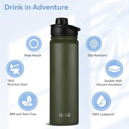 HASLE OUTFITTERS Insulated Water Bottle 22 oz Double Wall Stainless Steel Water Bottle Wide Mouth with Straw Lid & Spout Lid Keeps Cold or Hot(Army Green,8) - color: Army Green, size: 22oz- 8 Pack