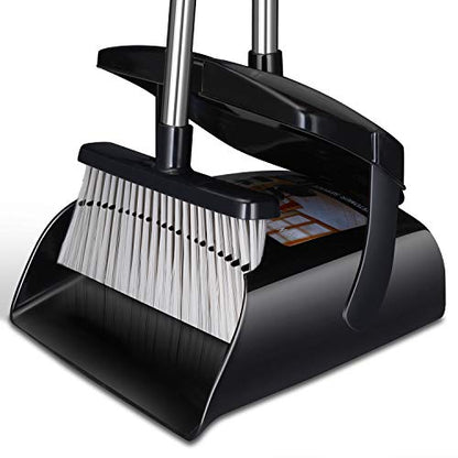 Broom and Dustpan Set 52-in Long Adjustable Handle Broom Dustpan Combo | Upright Dustpan with Teeth to Automatically Clean Hair, Dust Pan with Lid, Suitable for Home Kitchen Office Hall Floor