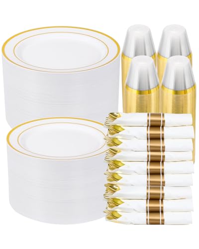 700 PCS Gold Plastic Dinnerware Set for 100 Guests, 200 DisposablePlates for Party, 100 Pre Rolled Napkins with Gold Silverware, 100 Cups - color: White Gold, size: 100 guests