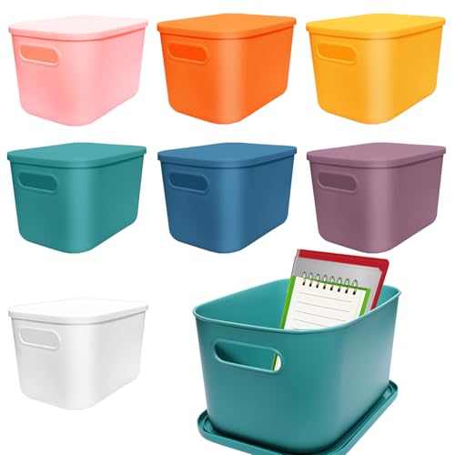 7 Pcs Plastic Storage Bins with Lid Colorful Storage Bins Small Desktop Storage Box Cubby Bins Stackable Storage Baskets for Office Classroom Kitchen Cabinet Shelf (10×7.1×6.2inch)