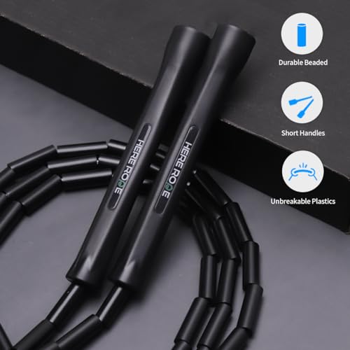 Adjustable Beaded Jump Rope For Adults, Kids, Hererope 10 ft Beaded Jump Rope With Unbreakable Handles & Shatterproof Beads for Enhanced Fitness Training - color: Black