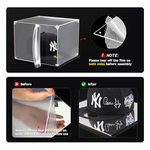 KOLIPI Hat Display Case for Baseball Caps, Acrylic Box 8.7x7.9x7.1 in | Baseball Cap Display Case for Snapback Hats Mini Helmets, Mirror Base, Dustproof, Stable and Stackable, Assembly Required - size: 8.7x7.9x7.1 inches
