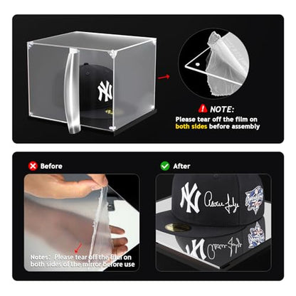 KOLIPI Hat Display Case for Baseball Caps, Acrylic Box 8.7x7.9x7.1 in | Baseball Cap Display Case for Snapback Hats Mini Helmets, Mirror Base, Dustproof, Stable and Stackable, Assembly Required - size: 8.7x7.9x7.1 inches
