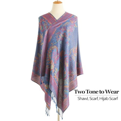 Paisley Pashmina Rave Shawl Scarf-Women's Reversible Ethnic Jacquard Pashmina Wraps for Travel - color: B#. Royal Blue