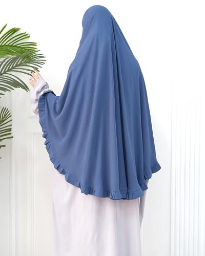 Muslim Prayer Hijab Solid Color Ruffled Head Scarf Women Islamic Head Cover Khimar - color: Foggy Blue