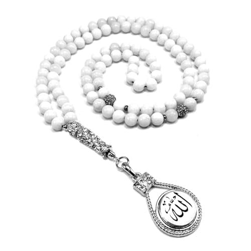 Special Prayer Beads Series -99 beads- Tesbih Tasbih Tasbeeh Misbaha Masbaha Subha Sebha Sibha (White Jade Stone -8 mm 99 Beads- & Zircon Stone Design) - color: White Jade Stone -8 mm 99 Beads- & Zircon Stone Design