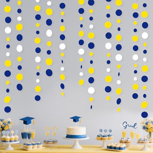 46Ft Navy Blue and Yellow Circle Dots Garland Royal Blue Yellow White Hanging Paper Polka Dot Streamer for Graduation Birthday Wedding Bridal Shower Nautical Ahoy Achor Party Decorations Supplies - color: Blue Yellow
