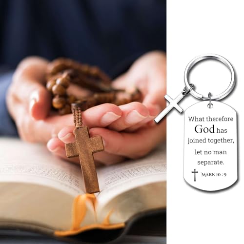 GiftYou Inspirational Scripture Metal Key Chains with Cross Pendant - Bible Verse Keychain Religious Gift for Christian - color: Mark 10:9