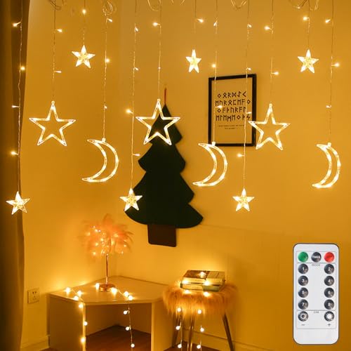 Star Moon Curtain Lights 11.5ft Remote Control LED Fairy Light Strings, 8 Flashing Modes Waterproof Decorative Lights for Garden, Christmas, Wedding, Party, Bedroom Decorations(Warm White)