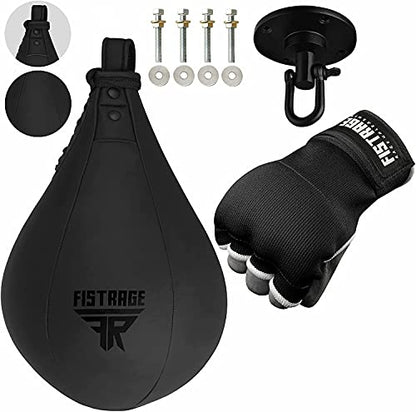FISTRAGE Speed Ball Boxing Hand Wraps MMA Muay Thai Training Punching Dodge Striking Bag Leather Kit Hanging Swivel Workout Speedball Kicking with Mitt - color: Black, size: Small-Medium