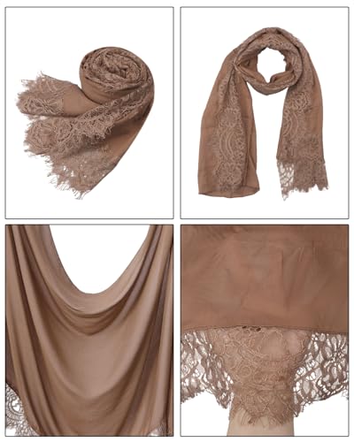 JUMISEE Elegant Floral Lace Hijab Scarf for Women Soft Cotton Head Wrap Instant Hijab Long Scarves Evening Dress Shawl - color: Khaki