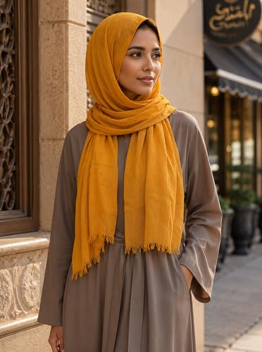 Cotton Linen Plain Hijab Scarf For Women,Muslim Viscose Crinkle Edge With Fringe,Summer Beach Wrap Headwraps Shawl - color: 11#ginger