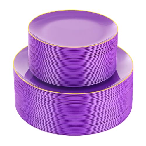 PULOTE 100PCS Purple Plastic Plates - Purple and Gold Disposable Include 50 Each (10.25 Inch Dinner & 7.5 Inch Dessert) Plates, Ideal for Party - color: Purple
