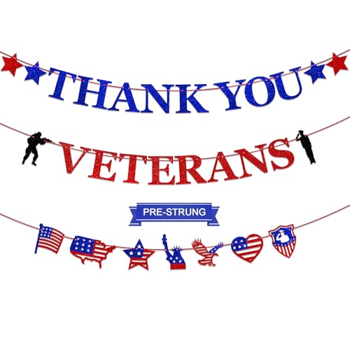 Thank You Veterans Banner, Happy Veterans Day Banner party Decorations for Military Army Employees - color: Red and Blue