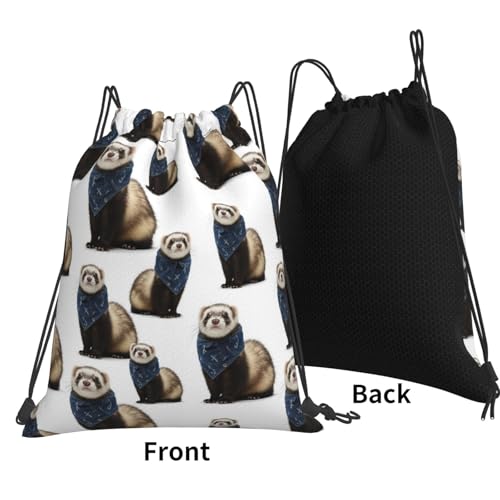 Polyester Drawstring Backpack Cute Funny Ferret White, Breathable Gym Sack for Soccer Basketball and Ball Sports - color: Pattern (366)