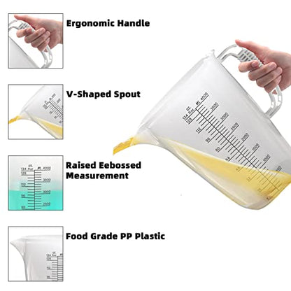 Luvan 1 Gallon Measuring Pitcher, Large Measuring Cup with Spout and Handle, 134oz Plastic measuring pitcher with Conversion Chart, 1 Gallon Measuring Container for Motor Oil, Chemicals, Pools, Lawns - color: 134Oz/4L/010