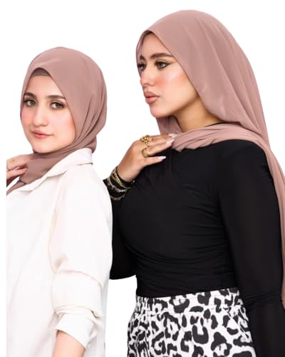 Instant Chiffon Hijab 3-in-1 with Built-in Magnets and Attached Match Undercap, Women Hijabs Set. - color: Coffe