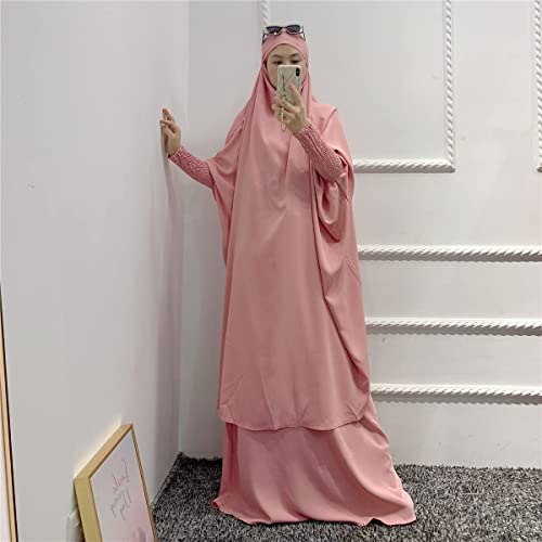 Women Muslim 2 Set Solid Color Plus Long Sleeve Thobe One-size Longuette Overall Abaya Thobe with Hoodied Hijab - color: Pink