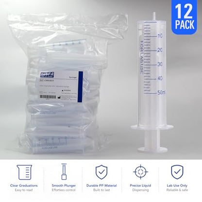 50ml Plastic Syringe, luer slip syringe, Used in Scientific Laboratories, Liquid refilling, DIY Crafts, Scientific Labs, 12/PK - size: 50ML