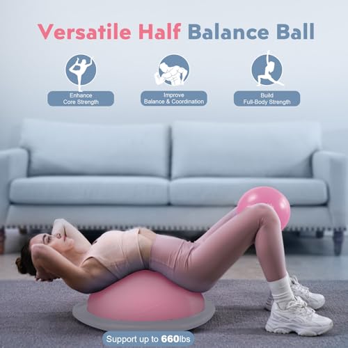kisnbld Half Balance Ball Trainer, Inflatable 19/23 Inch Half Exercise Ball with Resistance Bands and Pilates Ball, Non-Slip 660lbs Capacity Yoga Ball for Home Gym Full Body Workouts - color: Pink